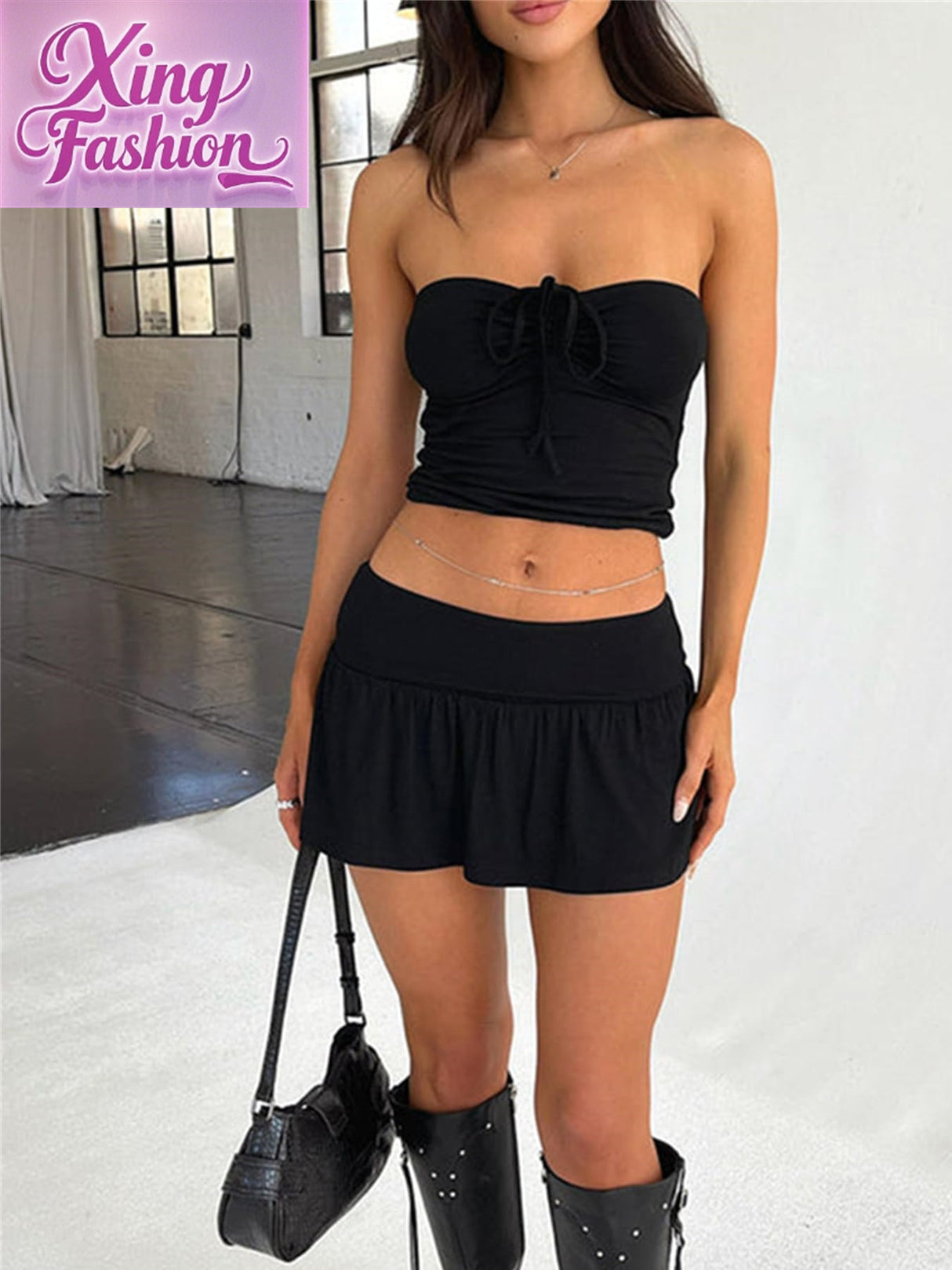 Women 2pcs Skirt Outfits Y2k Summer Bandeau Going Out Crop Tops and Low Wasit Mini Skorts Sets