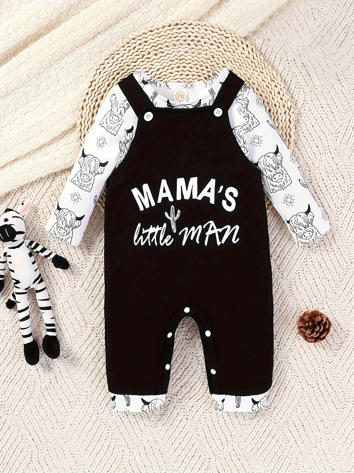 2pcs Of Baby Boy Autumn Style Cow Head Print Long Sleeved Shirt+overalls with Letter Print Set, Perfect for Outdoor