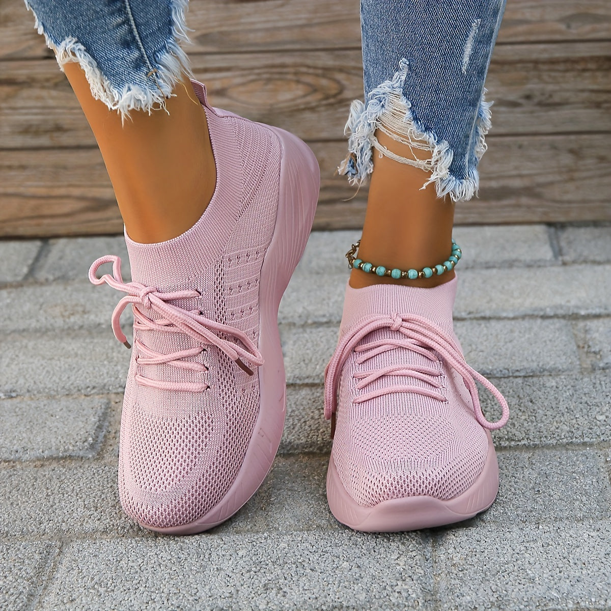 Women's Knit Sports Shoes, Solid Color Lace Up Low Top Running Shoes, Casual Outdoor Sneakers