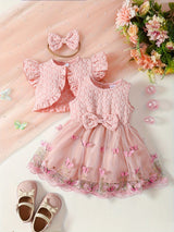 [Summer Baby Dress] 3pcs Summer Baby Girl Custom Mesh Dress | Three-Dimensional Butterfly Embroidered, Flanged Skin Flared Sleeve Short-Style Outer Blouse, Bow Hair Ribbon Set