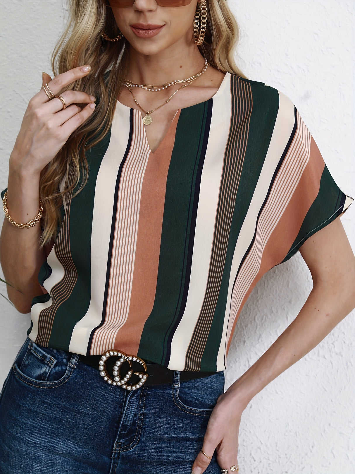 Striped Notched Neck Blouse, Casual Short Sleeve Blouse For Spring & Summer, Women's Clothing