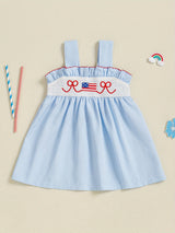 [Patriotic Girls' Dress] Patriotic Red White & Blue Girls' A-Line Dress | Machine Washable, Nontransparent Fabric, Flag Bow Embroidery - Summer Beach Party Outfit, Casual Playwear, Little Girls Clothes
