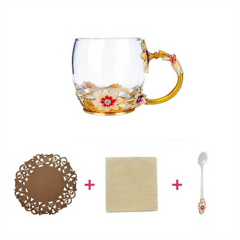Set, Elegant Flower Pattern Tea Cup With Coaster And Spoon, 350ml/11.8oz Clear Glass Coffee Mug Set - Coffee Cups, Water Cups - For Summer & Winter - Suitable for Home & Office - Perfect Gift for Birthday