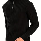 Men's Stand Collar Solid Knit Sweater, Men's Casual Lapel Slightly Stretch V-Neck Pullover Sweater For Men Winter Fall