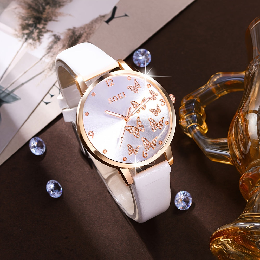 5pcs/set Women's Watch Elegant Butterfly Quartz Watch Analog PU Leather Wrist Watch & Bracelets, Valentines Gift For Her