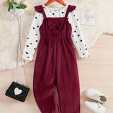 Girl's 2pcs, Bowknot Decor Corduroy Overalls & Heart Allover Print Top Set, Casual Outfits, Kids Clothes For Spring Fall