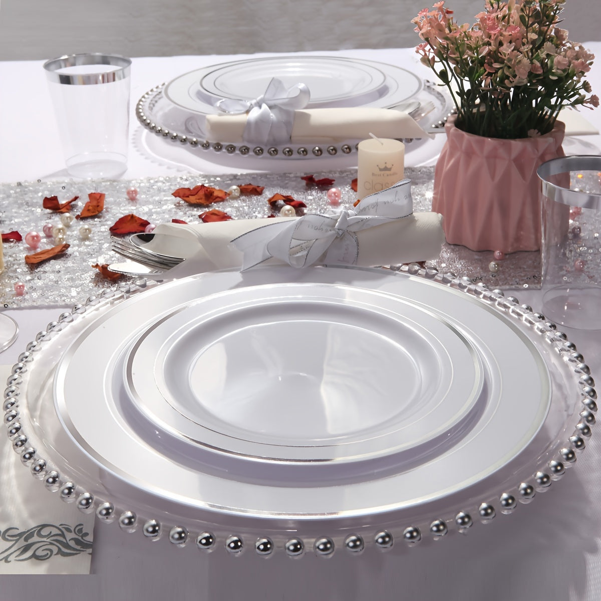 500 Pcs Golden Plastic Plates with Golden Silverware, White Golden Plastic Dinnerware Set for Party include: 100 Dinner Plates 10.25 inch, 100 Dessert Plates 7.5 inch, 100 Golden Silverware Sets