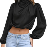 Women Satin Blouses Dressy Cowl Neck Long Sleeve Crop Tops