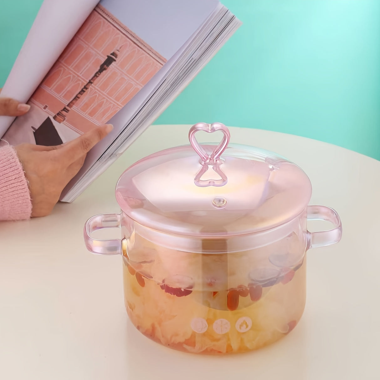 50.72oz High Borosilicate Glass Cooking Pot with Lid and Handles, Suitable for Stove Cooking, Clear and Semi-Transparent Pink