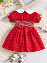 Stylish & Cute Polka Dot Shirred Puff Sleeve Dress, Perfect For Little Girls Banquet Birthday Party Dress Up