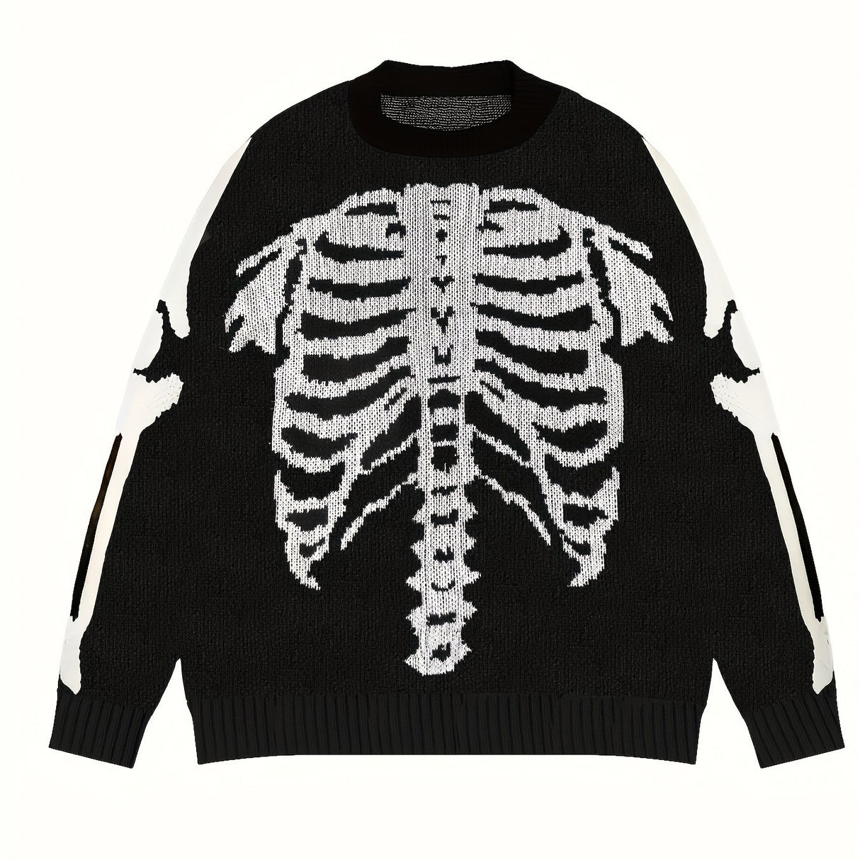 Gothic Skeleton Pattern Knitted Sweater, Men's Casual Warm Slightly Stretch Crew Neck Pullover Sweater For Men Fall Winter