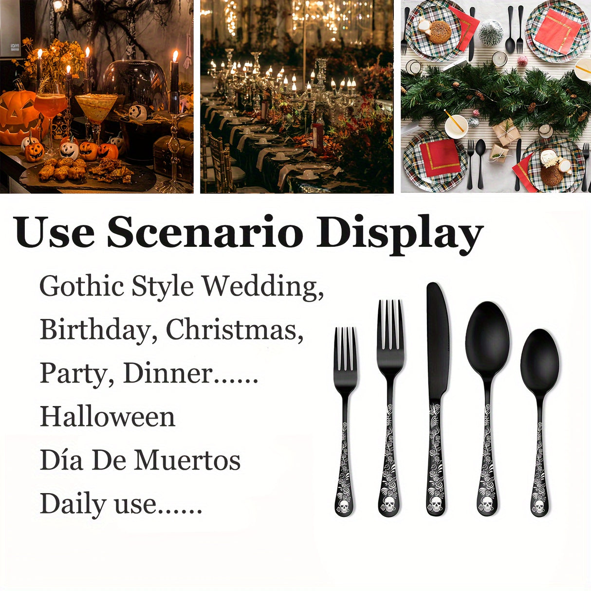 20/30pcs Gothic Design Cutlery Service For 4/6, Premium Stainless Steel Flatware Includes Spoon Fork And Knife, Cool Silverware With Skull&Rose Pattern, Mirror Polished, Nice Gift For Dark&Rock Lover/Halloween/Day Of The Dead