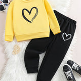 Girl's 2pcs, Sweatshirt & Sweatpants Set, Love Heart Print Long Sleeve Top, Casual Outfits, Kids Clothes For Spring Fall