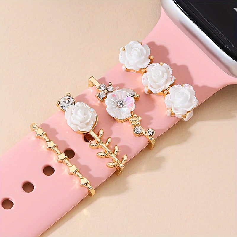 4 Pcs Elegant Flower Shaped Rhinestone Watch Band Charms - Decorative Clips in Golden Zinc Alloy with Cute Style - Perfect Accessories for Women's Watches
