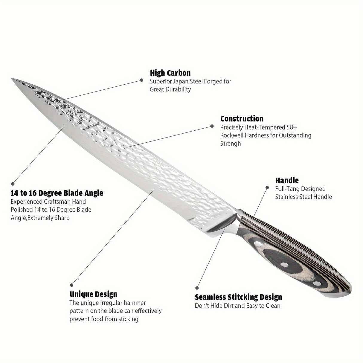 15-Piece Premium Kitchen Knife Set - Ultra Sharp High Carbon Japanese Stainless Steel Full-Tang Design with Irregular Hammer Pattern and Wooden Block Storage - Durable, Rust-Resistant, and Easy to Clean