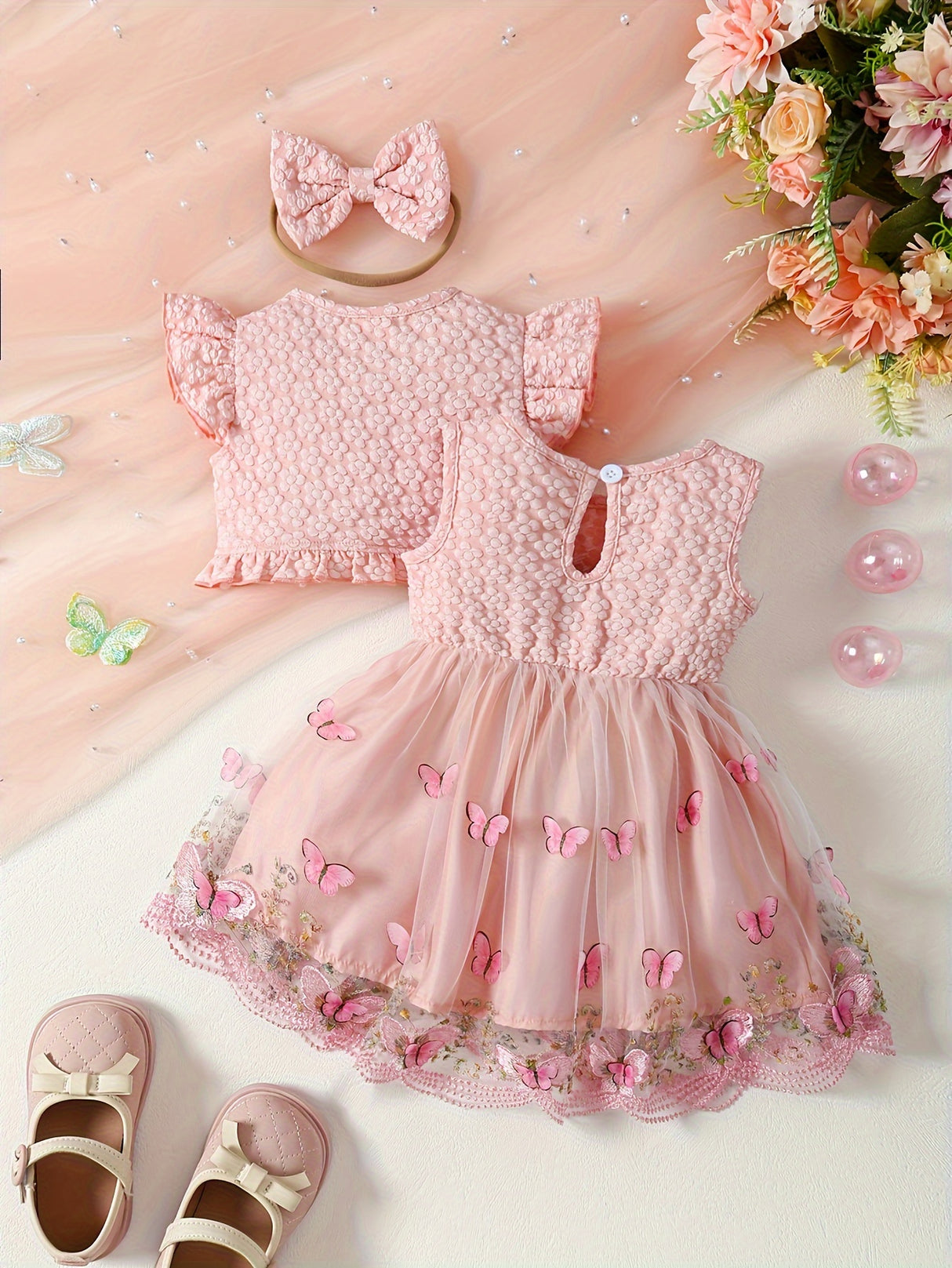 [Summer Baby Dress] 3pcs Summer Baby Girl Custom Mesh Dress | Three-Dimensional Butterfly Embroidered, Flanged Skin Flared Sleeve Short-Style Outer Blouse, Bow Hair Ribbon Set