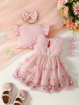 [Summer Baby Dress] 3pcs Summer Baby Girl Custom Mesh Dress | Three-Dimensional Butterfly Embroidered, Flanged Skin Flared Sleeve Short-Style Outer Blouse, Bow Hair Ribbon Set