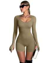 OQQ Women Yoga Rompers Ribbed Workout Long Sleeve Sweetheart V Neck Sport Jumpsuits Rompers
