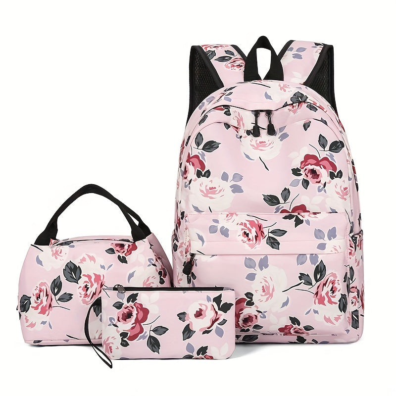 3-Piece Set Floral Fashion Backpack Collection - Stylish Student School Bag with Insulated Lunch Zipper Handbag & Detachable Zipper Clutch Bag for Girls and Women