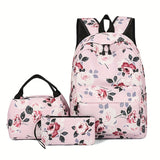 3-Piece Set Floral Fashion Backpack Collection - Stylish Student School Bag with Insulated Lunch Zipper Handbag & Detachable Zipper Clutch Bag for Girls and Women