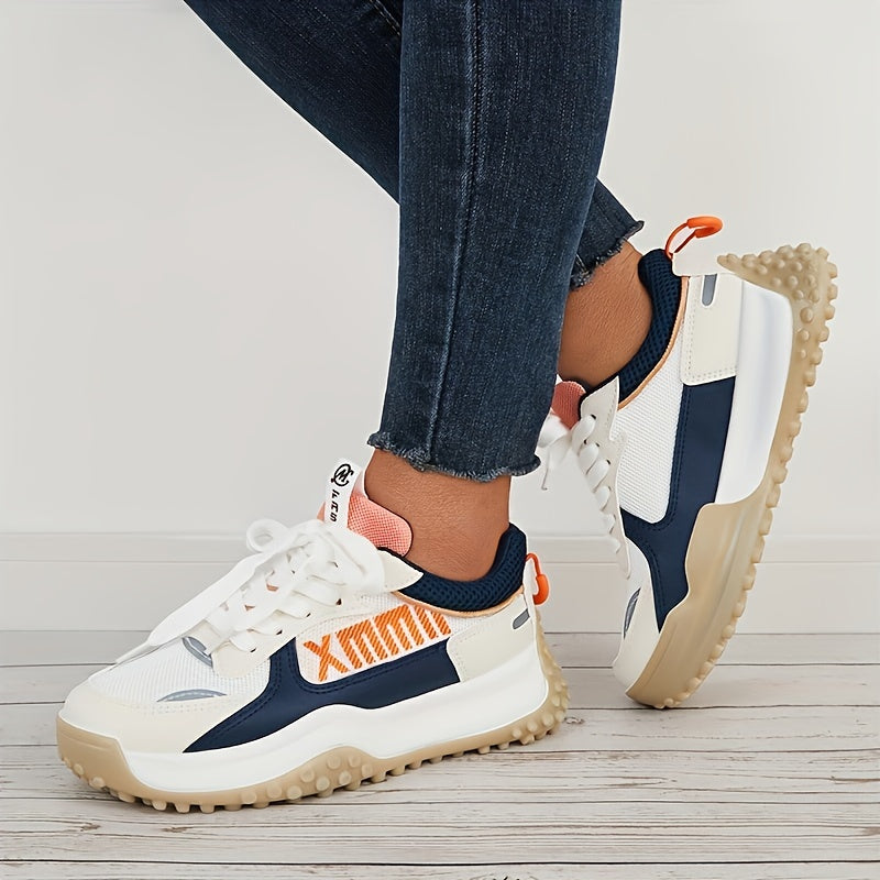 Women Thick Sole Shock Absorption Chunky Sneakers, Wear Resistance Lace Up Sport Shoes, Casual Versatile Breathable Comfortable Running Shoes