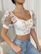 Intricate Embroidery| Elegant French-Inspired Lace Embroidered Bubble Sleeve Crop Top for Women - Chic Off-Shoulder Sweetheart Neckline with Tie-Up Back Detail, Floral Pattern, Polyester Blend