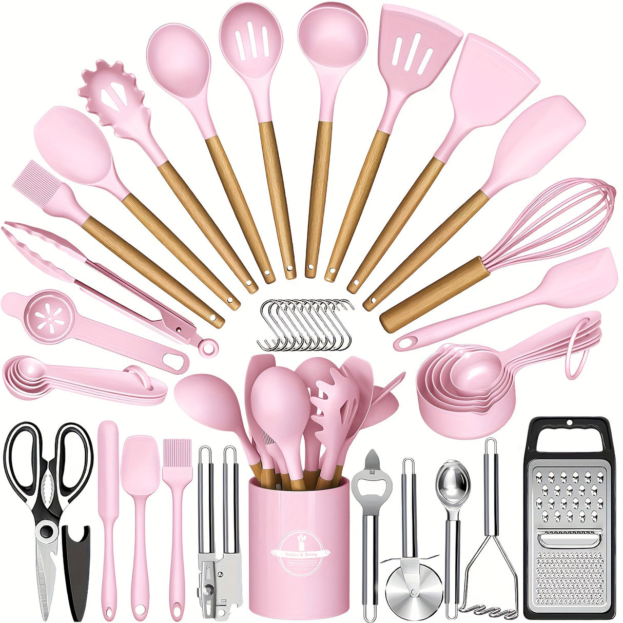 44pcs Non-Stick Silicone Kitchen Utensil Set with Wooden Handles, Includes Stainless Steel Grater & Bottle Opener