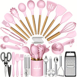 44pcs Non-Stick Silicone Kitchen Utensil Set with Wooden Handles, Includes Stainless Steel Grater & Bottle Opener