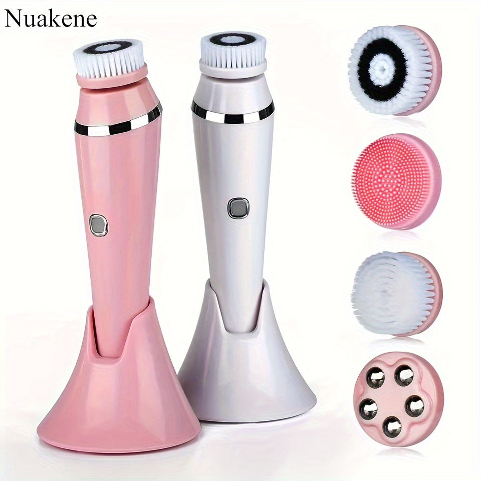 Nuakene 4-in-1 Rechargeable Electric Facial Cleansing Brush - Soft Bristle Brush, Silicone Facial Cleaner, Facial Massager, Rotating Base, Gentle Exfoliator, Deep Cleaning, Holiday Gift for Women