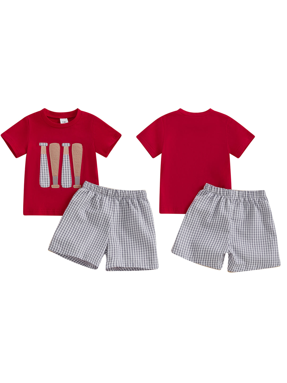 Toddler Boys' Baseball Embroidered Cotton Shorts Set - Comfy Short Sleeve Round Neck Top with Elastic Waistband Plaid Shorts, Machine Washable, All-Season Wear, Comfortable Playwear|Playful Kids' Clothes|Easycare Clothing, Pe