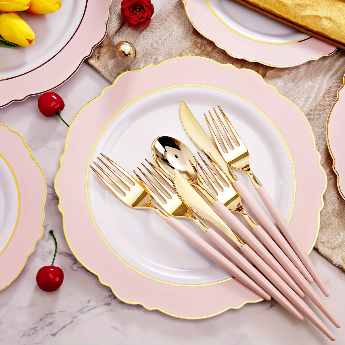 [30 Guests Pink Plastic Dinnerware] WDF 30 Guests Pink Plastic Plates & Golden Plastic Silverware With Pink Handle-Baroque Pink &Golden Plastic Dinnerware For Upscale Wedding &Parties