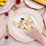[30 Guests Pink Plastic Dinnerware] WDF 30 Guests Pink Plastic Plates & Golden Plastic Silverware With Pink Handle-Baroque Pink &Golden Plastic Dinnerware For Upscale Wedding &Parties