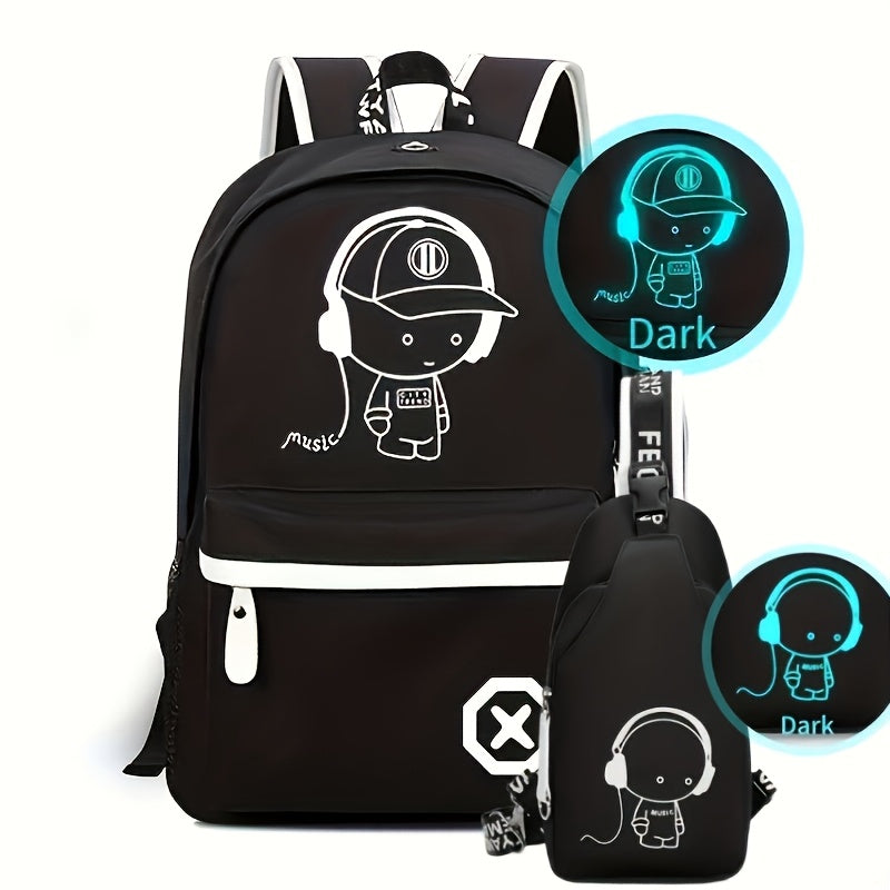 2pcs/ Set, Simple And Large Capacity Casual Travel Backpack School Bag Set, Cartoon Print Crossbody Bag Chest Bag