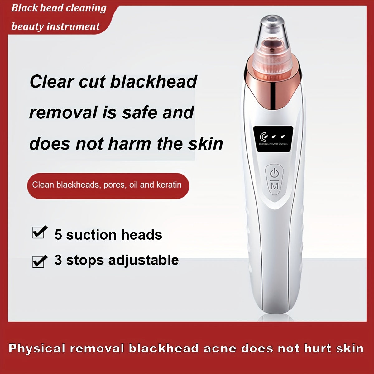 Blackhead Remover Pore Vacuum - Electric Facial Pore Cleaner Acne White Head Pimple Extractor Rechargeable Blackhead Removal Tool - 3 Suction Power, 5 Probes For Women & Men