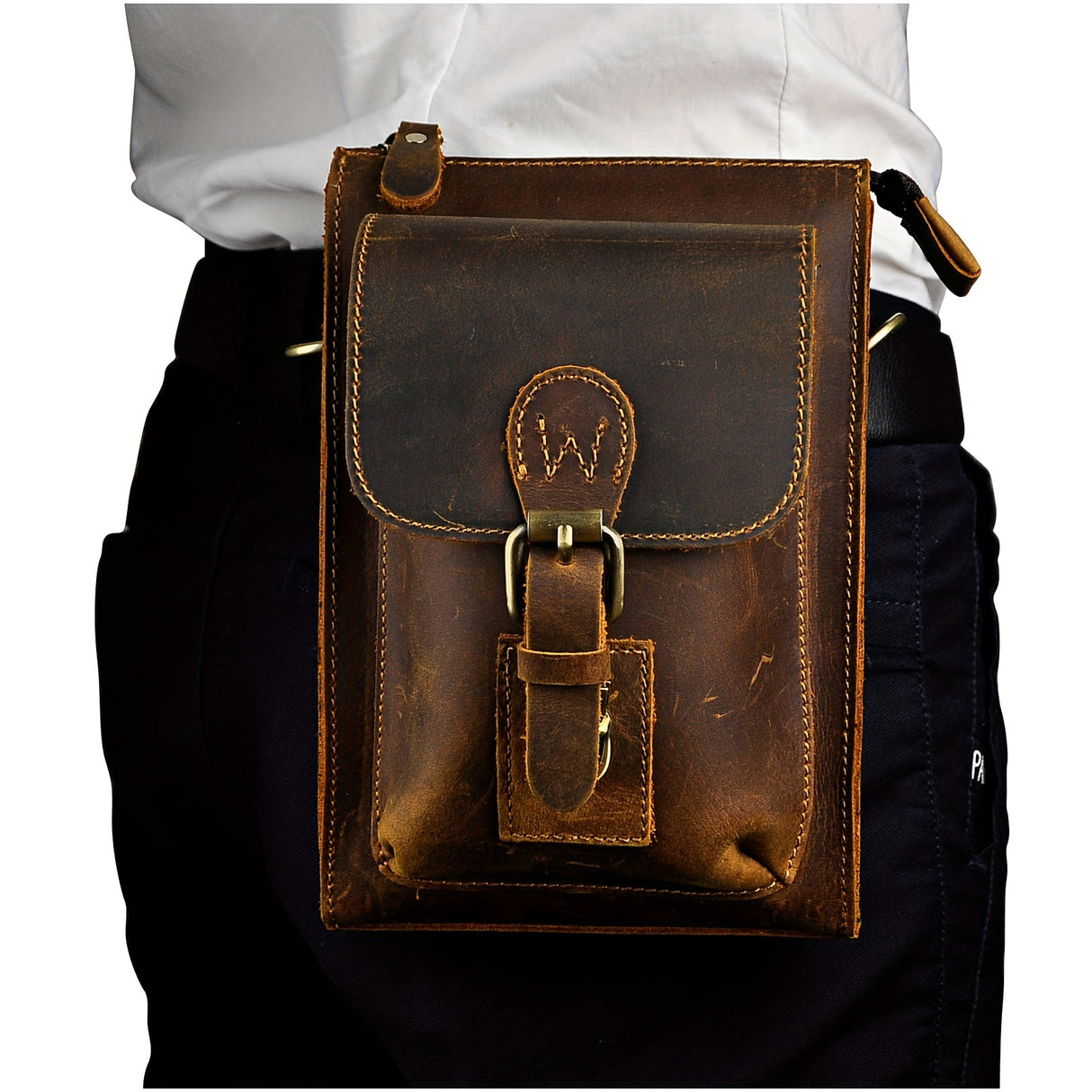 Genuine Crazy Horse Leather Unisex Crossbody Sling Waist Bag, Retro Travel Phone Pouch Fanny Belt Bag, 6402
