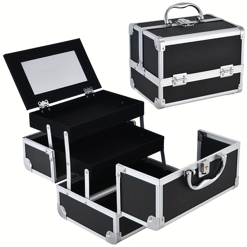 Professional Makeup Artist Travel Case - 6.7x6.7x9" Portable Cosmetic Organizer with Mirror, Brush Holder & Lockable Key - Ideal for Jewelry Storage & Bathroom Essentials