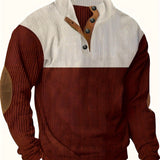 Retro Color Block Knitted Ribbed Sweater, Men's Casual Warm Mid Stretch Stand Collar Pullover Sweater For Men Fall Winter, Old Money Style