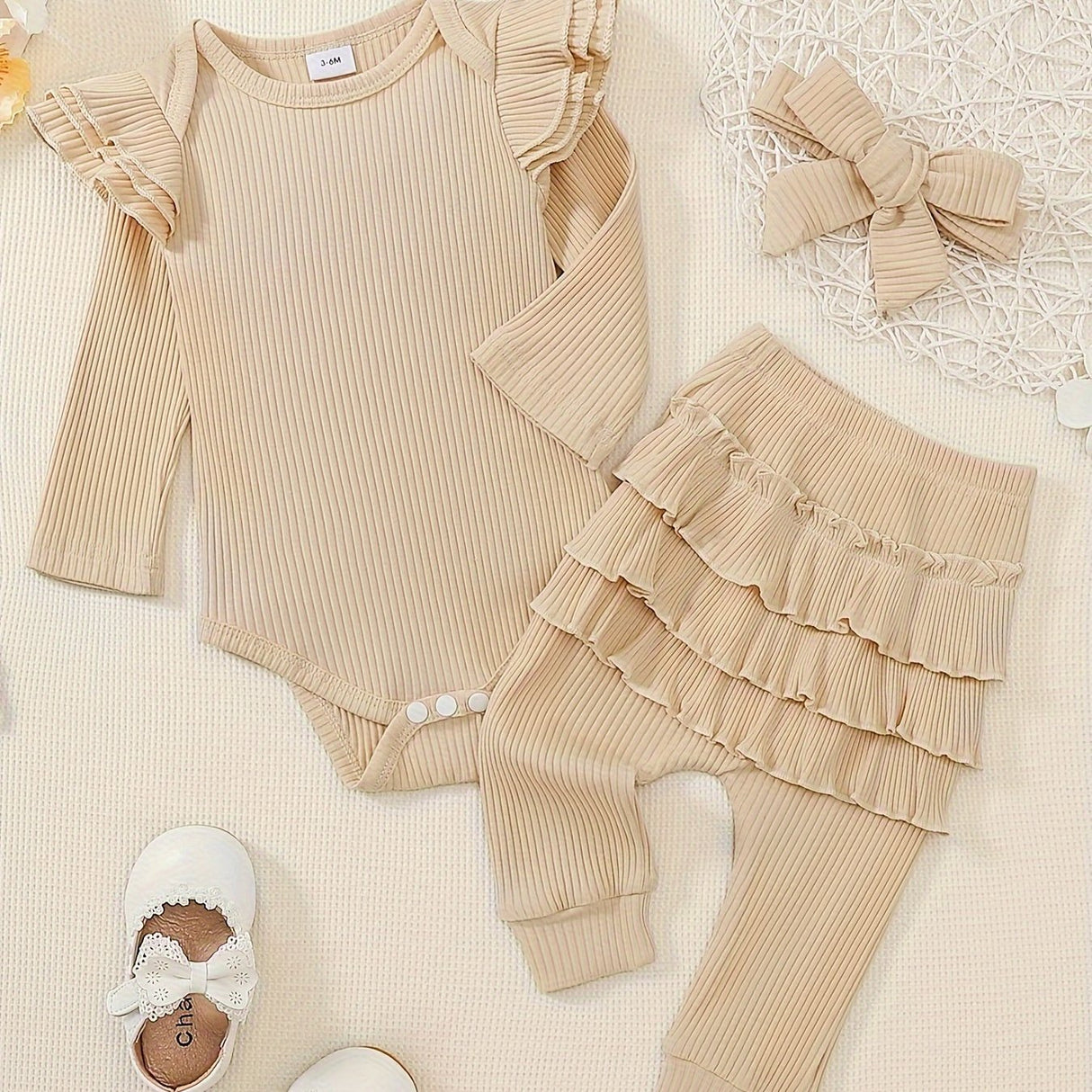 Baby Girl Clothes Newborn Romper Long Sleeve Infant Outfits 3pcs Ruffle Tops + Pants + Headband 0-18 Months, Infant Fall Wear | Bow Adorned Outfit | Soft Newborn Clothes, Newborn Girl Clothes, Perfect for Outdoor