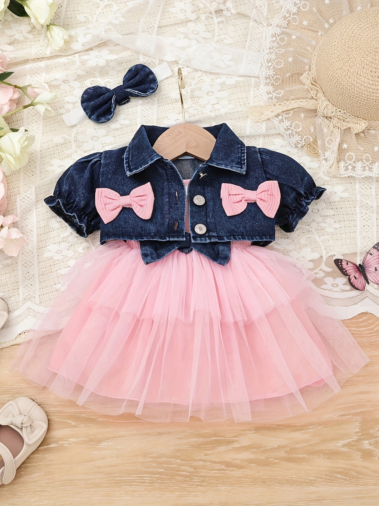 Baby Girl Outfit Denim Head Knot+Denim Short -Sleeved Jacket+Sling Mesh Skirt with 3 - 24 Months, Perfect for Outdoor
