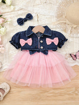 Baby Girl Outfit Denim Head Knot+Denim Short -Sleeved Jacket+Sling Mesh Skirt with 3 - 24 Months, Perfect for Outdoor