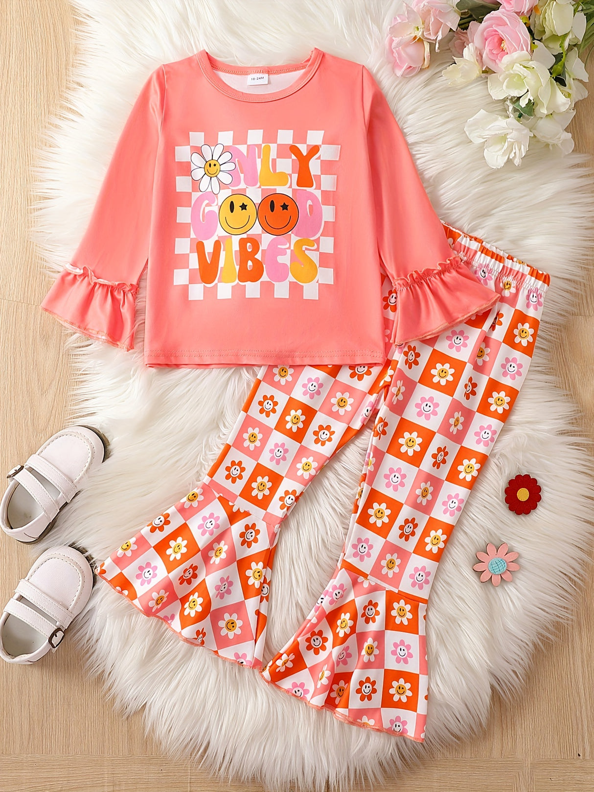 Toddler Girls 2pcs ONLY GOOD VIBES Print Top & Flare Pants Kids Clothes Gift