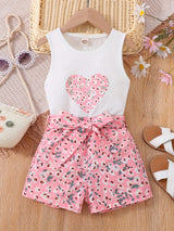 Girls 2pcs Round Neck Sleeveless Tank Top & Elastic Waist Shorts With Belt Floral Love Print Casual Kids Clothes Summer