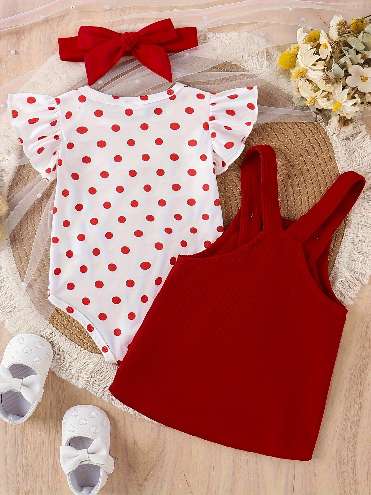 Baby Girl Outfit Summer Lace Short Sleeved + Teddy Bear Strap Skirt +Headknot 3pcs with 0-18Months