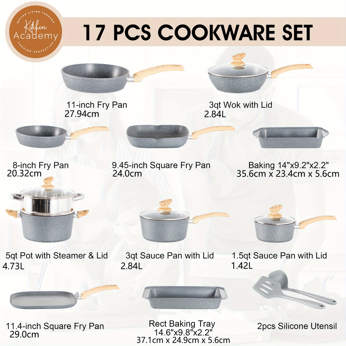 Mix Patio 17 Pieces Induction Cookware Set, Green Granite Pots And Pans Set, Nonstick Cooking Pans Set (Blue-grey)