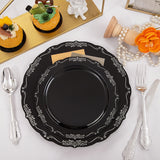 150 Pcs Black Silver Plastic Plates & Silver Plastic Silverware, Black Silver Disposable Plates for Party Include: 30 Dinner Plates 10.25 inch, 30 Dessert Plates 7.5 inch, 30 Knives, 30 Forks, 30 Spoons for Party