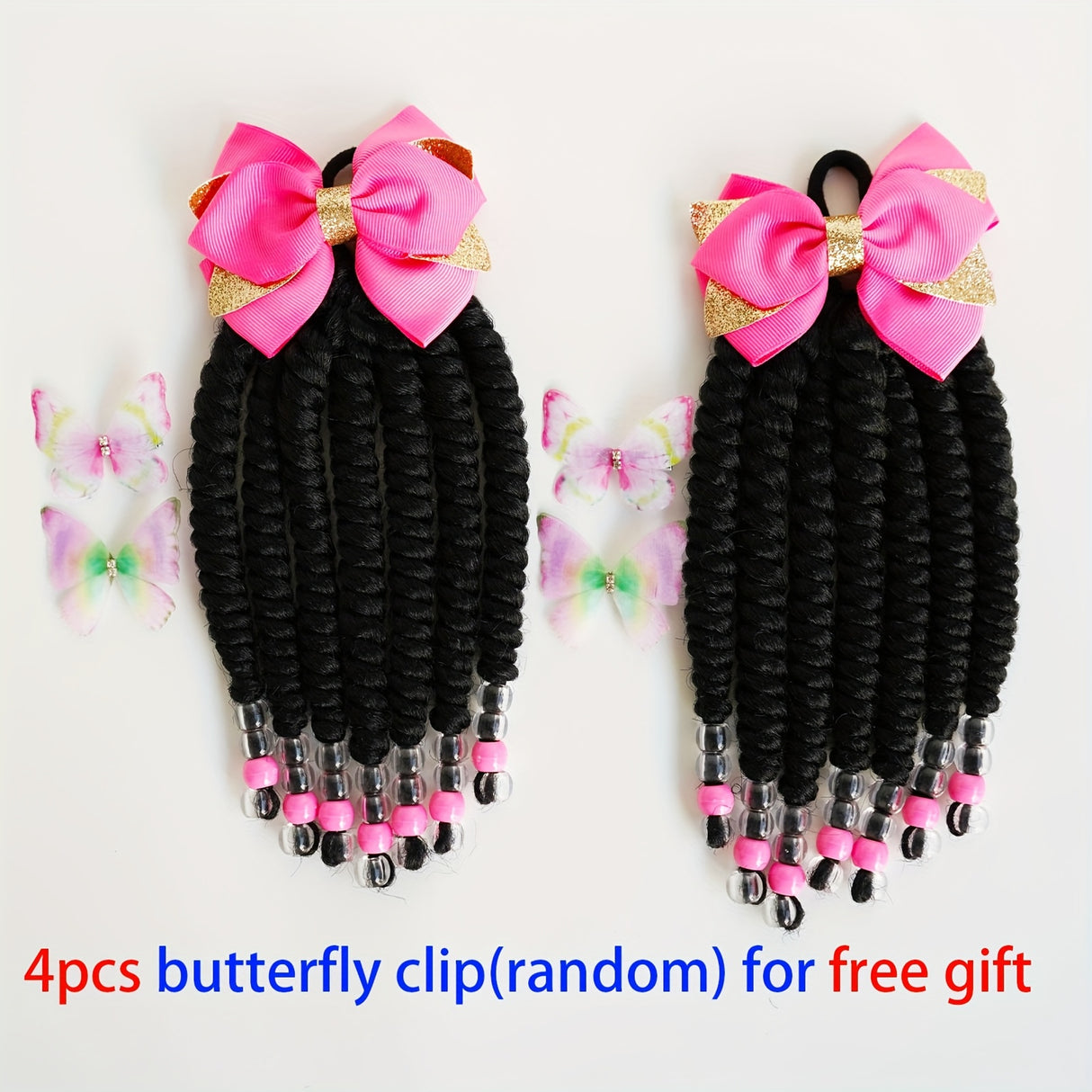 2pcs Delicate Kids Ponytail Extensions, Braids With Beads, Sweet Hair Extension With Elastic Tie, Twist Ponytails With Hair Bows Butterflies, Cute Pigtail, Beautiful Wig For Girls Casual Leisure Party Supplies, Gift Stage Per