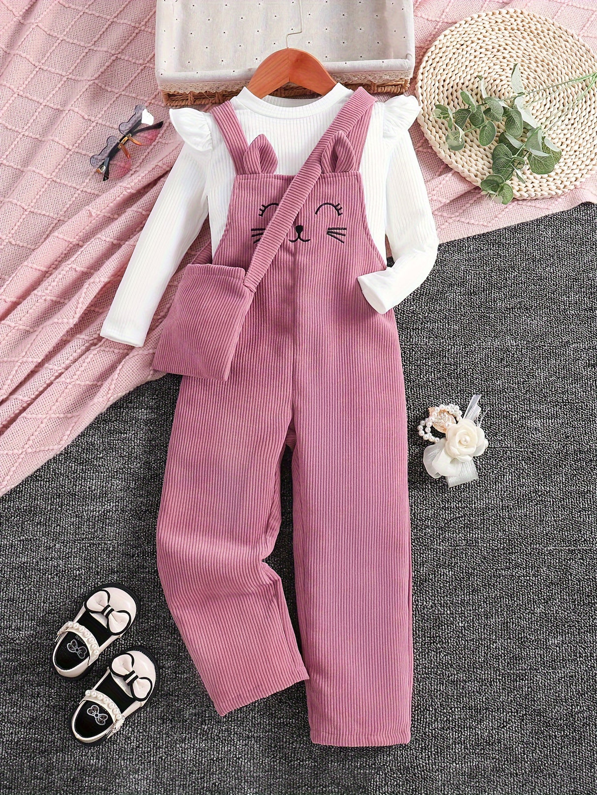 3PCS Flutter Trim Long Sleeve Top + Embroidery Jumpsuit Romper + Bag Set Kids Clothes For Girls Spring Fall Gift