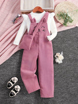 3PCS Flutter Trim Long Sleeve Top + Embroidery Jumpsuit Romper + Bag Set Kids Clothes For Girls Spring Fall Gift