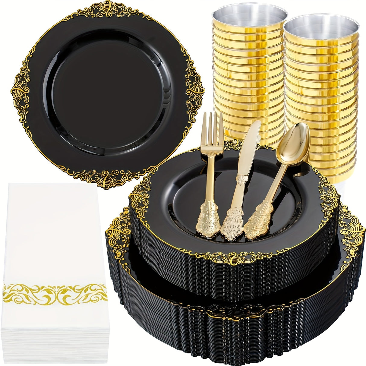 350PCS Black and Gold - Blue and Gold - Rose and Gold Plastic Plates - Black - Blue -Rose Plastic Dinnerware Sets for 50 Guests - 100 Black - Blue -Rose Disposable Plates, 150 Gold Plastic Silverware, 50 Cups, 50 Napkins for
