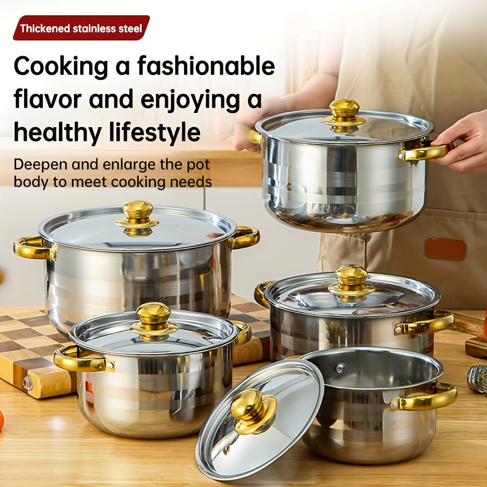 TAUFIKT 10pcs Set Of Stainless Steel Pots, Specifications Are 6.69/7.68/8.54/9.33/10.04inch, Stainless Steel Cooking Pot, 5 Pots + 5 Pot Lids, Suitable for Induction Cookers And Gas Stoves, Stainless Steel Double Handle with